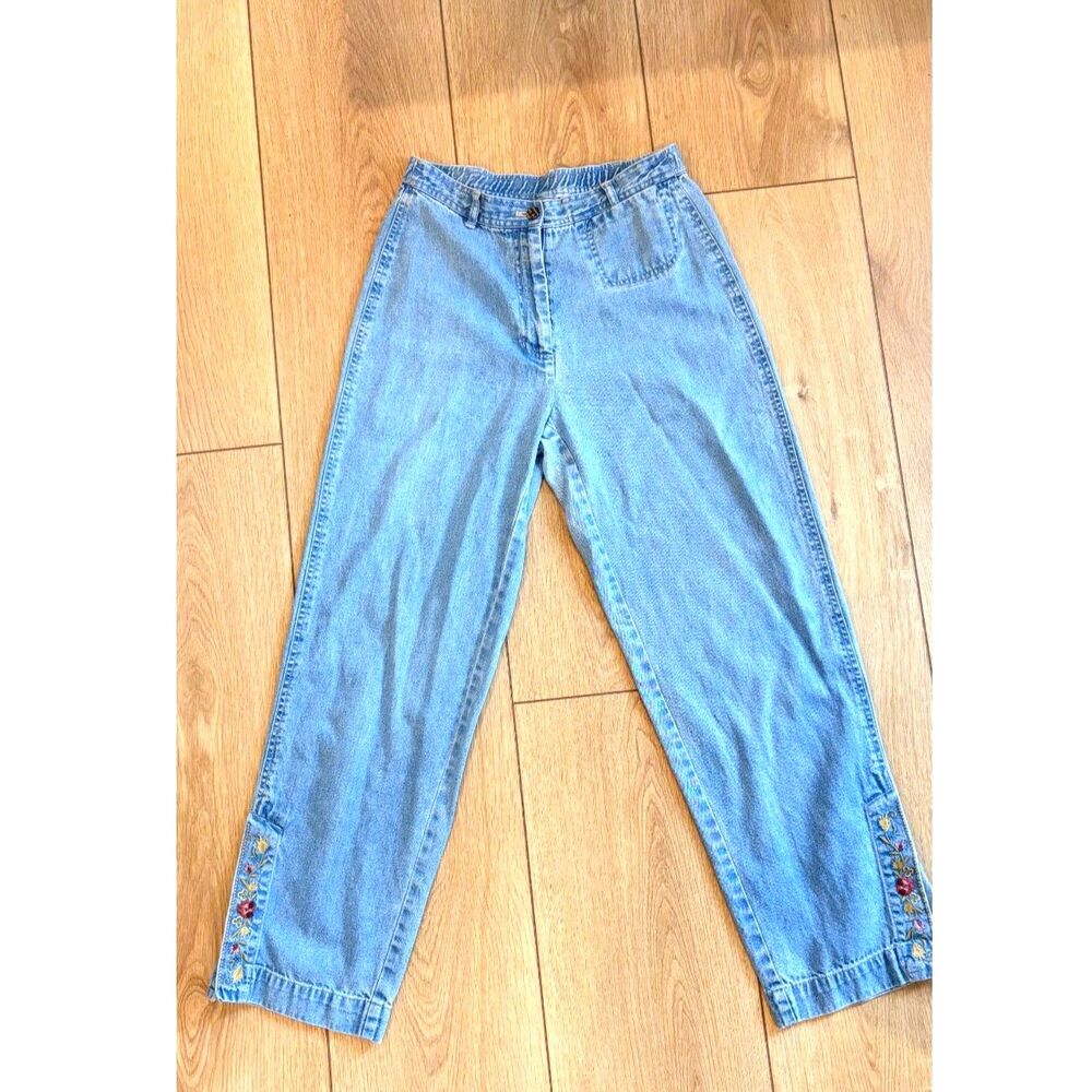 Vintage J.Jill Embroidered Wide Leg Jeans Light Wash Floral Split Hem Size 4